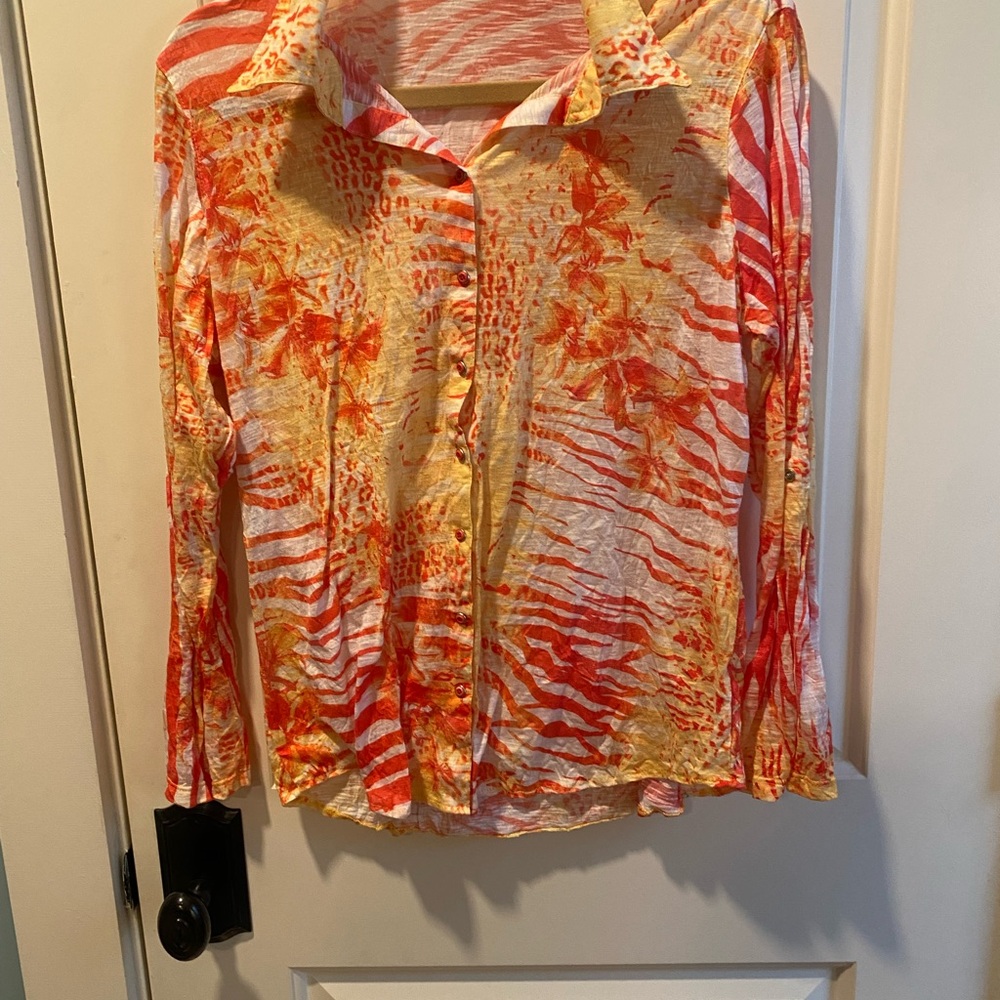 David Cline blouse size large orange, yellow and white